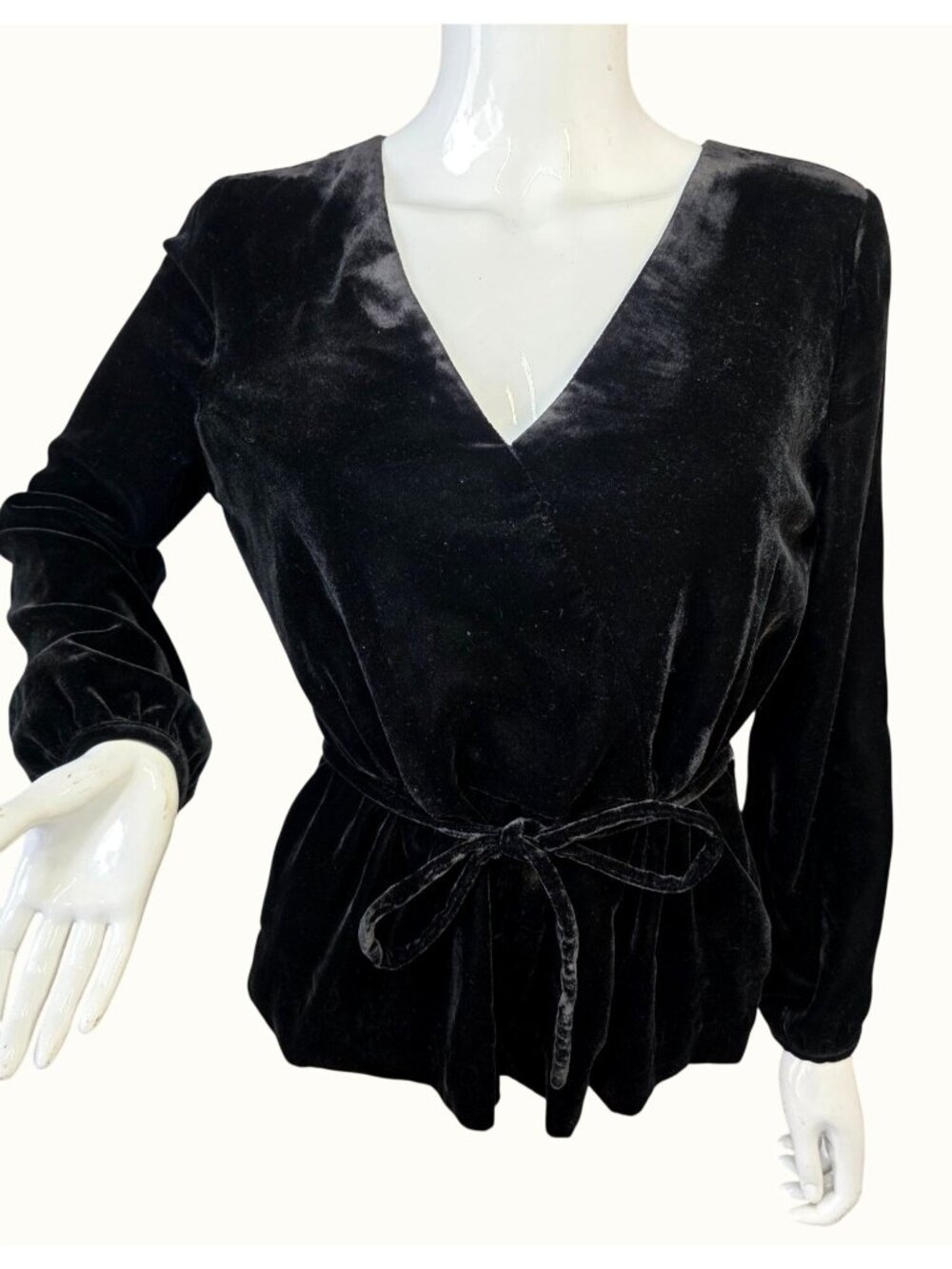 Y2K J Crew Black Velvet Tie Waist Top Women Sz 6 Deep V Button Cuff Blouse Lined